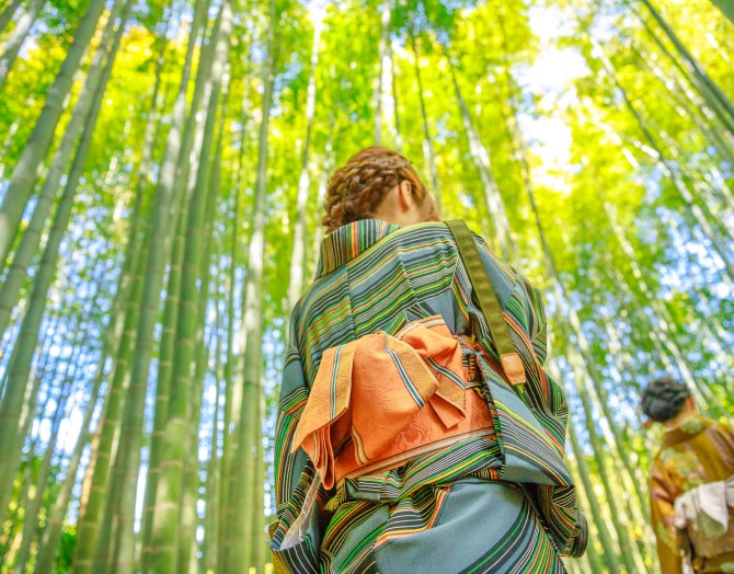 レンタル着物を着て竹林の中を観光する様子